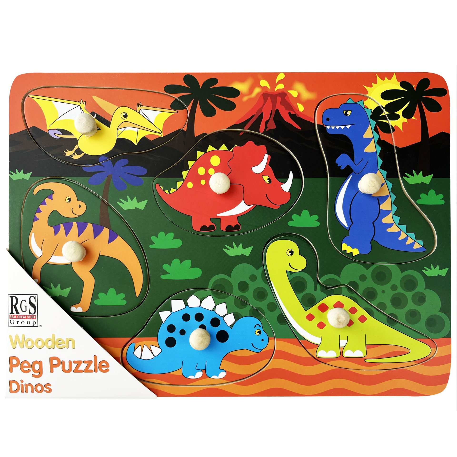 Wooden Peg Puzzle- Dino - 6pc - Image 2